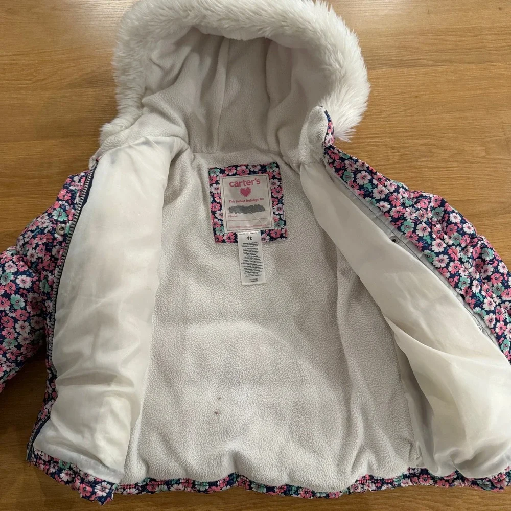 Carter's Girls 4T Floral Puffer Jacket Pink Blue Hooded Fleece Lined Winter Coat